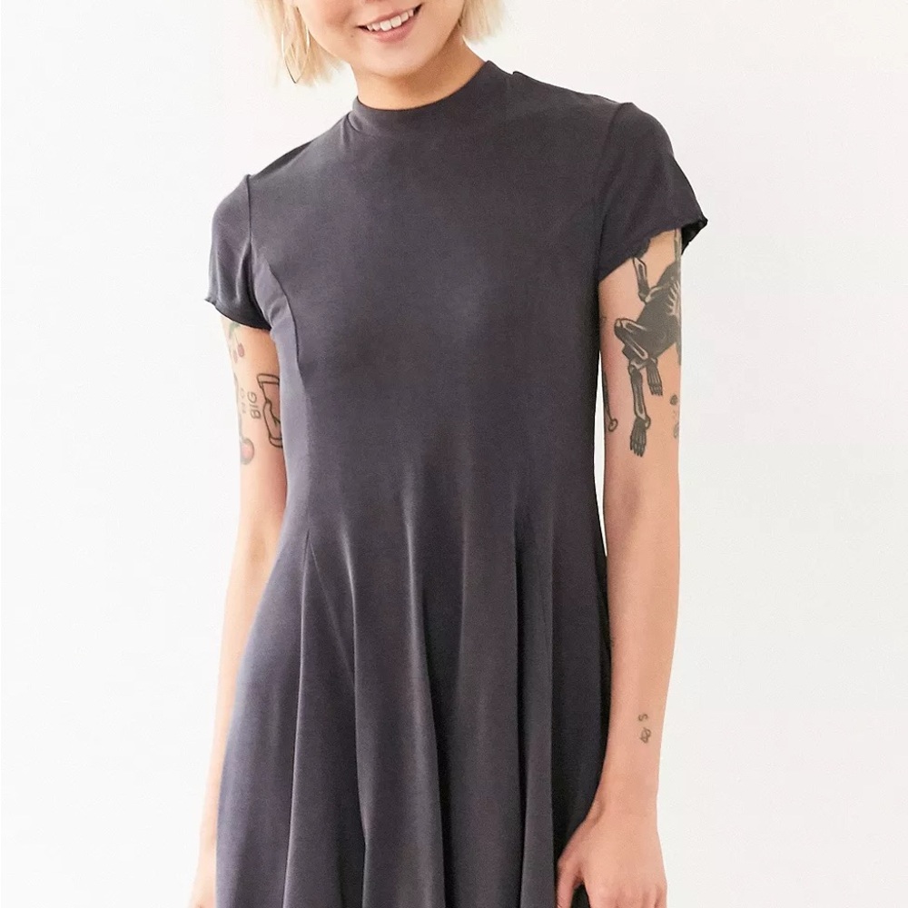 silence + noise Violetta Cupro Mock Neck Mini Dress in Charcoal Gray size L